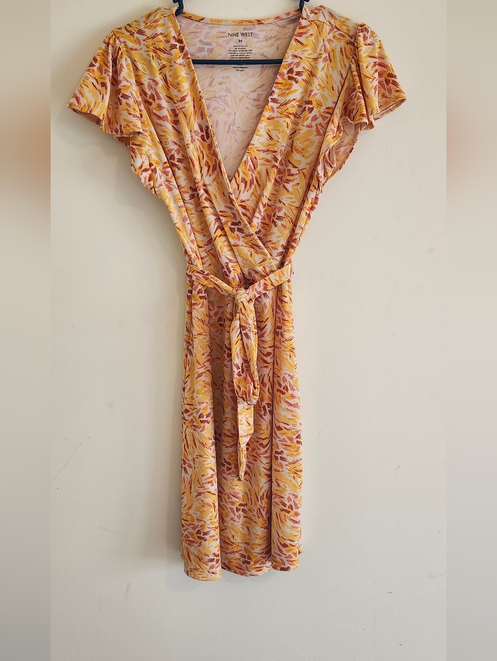 Nine West Yellow and Rust Floral Wrap Midi Dress